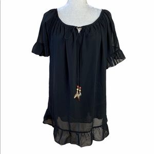 Desheng Black Boho Neck Tie Short Sleeve Top One Size Fits Most